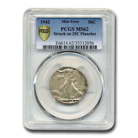 1942 Walking Liberty Half Dollar MS-62 PCGS (Struck on 25C Plan.) 1942 Walking Liberty Half Dollar MS-62 PCGS (Struck on 25C Plan.)